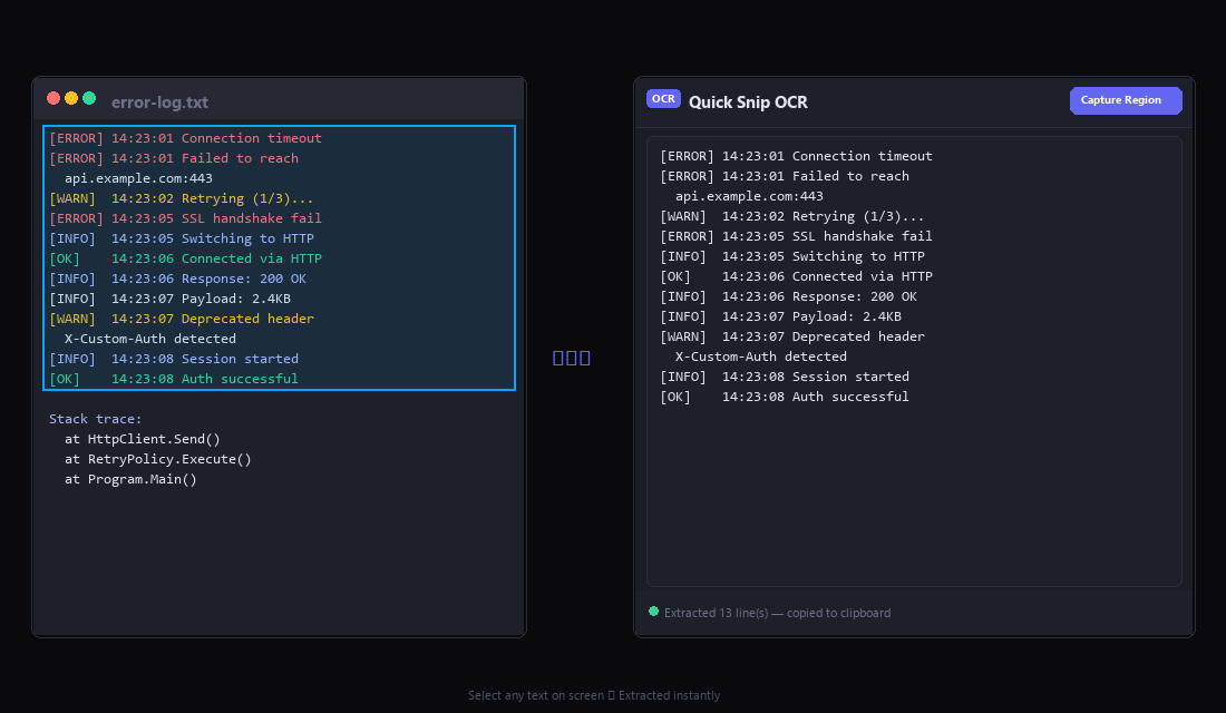 SnapOCR capturing error log text from screen and extracting it