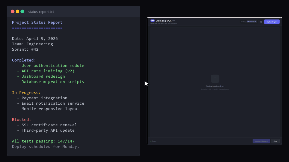 SnapOCR demo — capture screen text with a hotkey, extract with OCR, copy to clipboard