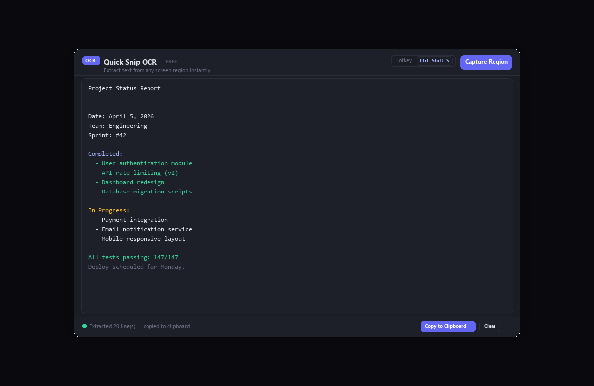 SnapOCR — Windows screen text extractor with extracted text result