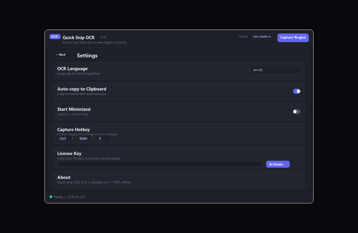 SnapOCR settings — language selection, auto-copy toggle, hotkey display, license key